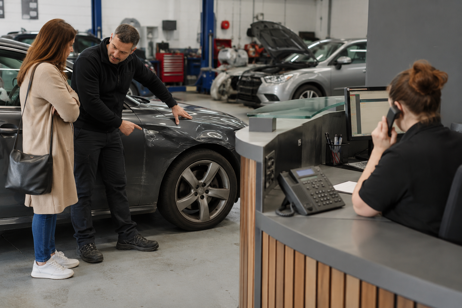 An accident-repair estimator inspecting vehicle damage with a customer while reception handles another call