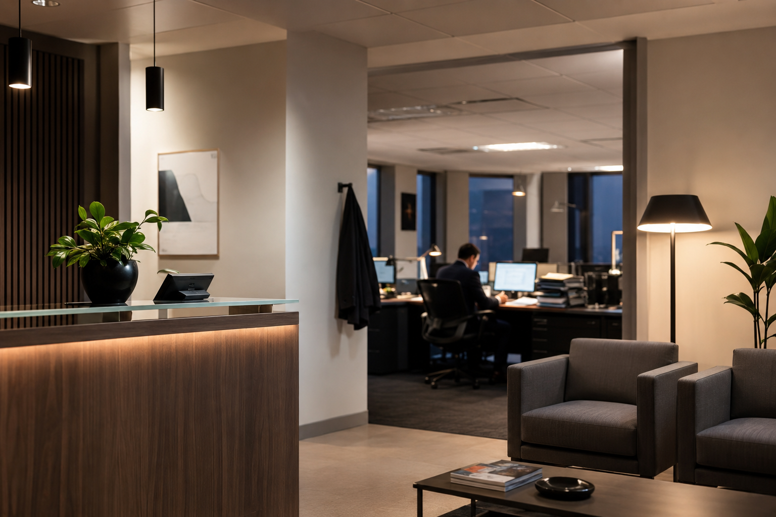 A quiet solicitor's reception after hours with a fee-earner still occupied deeper in the office