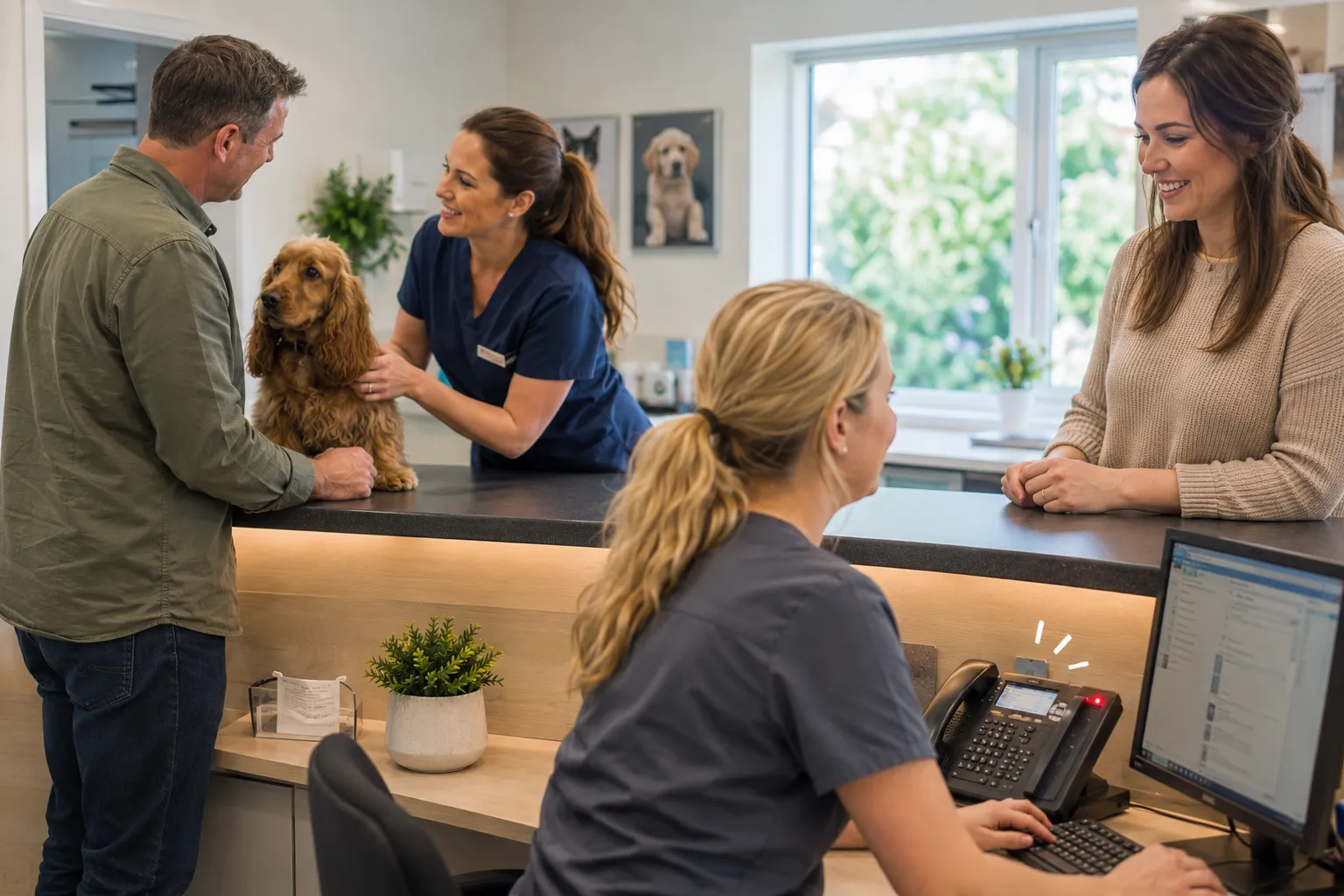 A veterinary team caring for a dog and speaking with owners while another call arrives